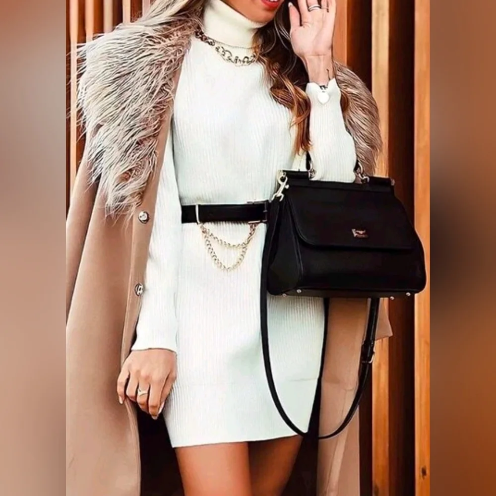 New Casual Ribbed Knit Turtleneck Short Dress Beige Cream